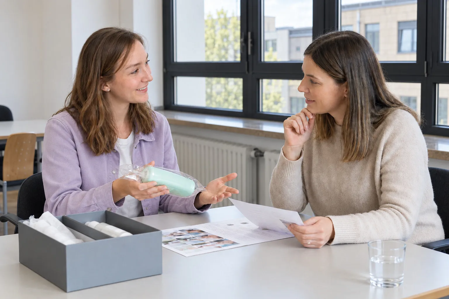 Lisa Gerber bei der persönlichen Produktübergabe und Einweisung einer Teilnehmerin für die Home-Use-Phase